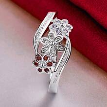 925 Sterling Silver Plated Flower Colorful AAA Zirconia Ring For Woman Fashion Wedding Engagement Party Charm Jewelry - Silver - View 1