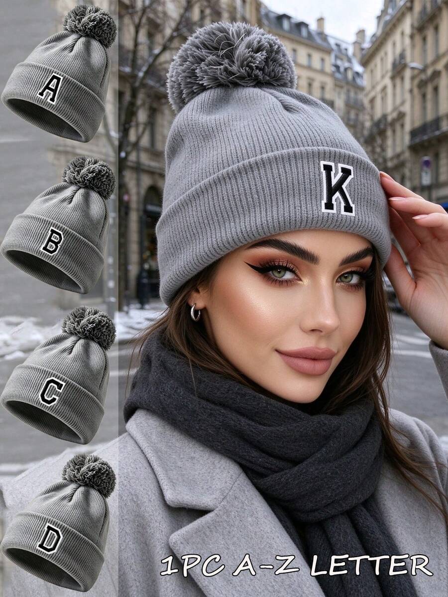 1 قطعة قبعة محبوكة بأسلوب Y2K مع كرة صوفية، دافئة وقابلة للتنفس، مناسبة للتزلج في الهواء الطلق والارتداء اليومي في الشتاء والخريف، للجنسين - رمادي - مشاهدة 1