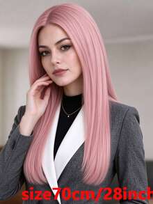 Pink Long Straight Wig For Women, 28 Inch High Temperature Fiber Wig Cap, Middle Part No Bangs Design, Fluffy And Flowing, Suitable For Halloween, Music Festival, Cosplay Styling, All Women - Pink - View 7