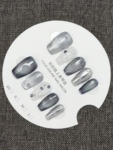10pcs Handmade Blue Cat Eye Coffin Shaped Full Coverage Fake Nails, Decorated With Silver Moon And Beads, Fashionable And Exquisite, Easily Create Beautiful Nails, Adding Romantic Atmosphere To Fingertips And Subtly Displaying Bold Fashion Sense - Baby Blue - View 2