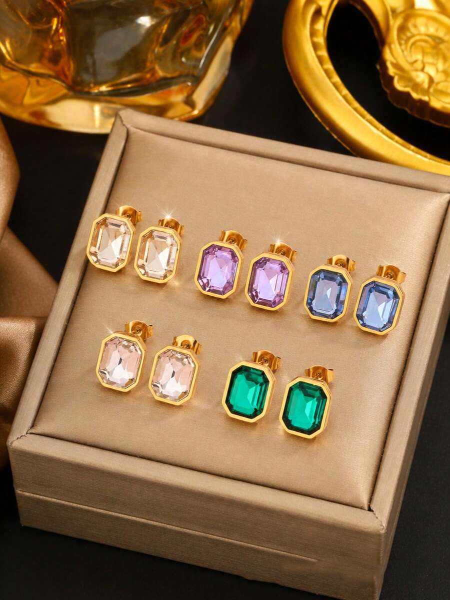 VceTd 1 Pair Luxury Square Glass Decor Stainless Steel Earrings Suitable For Women To Wear At Banquets Or Vacations - Yellow Gold - View 1
