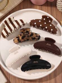 6 Pcs French Hair Claw Clips For Women Vintage Leopard Print Polka Dot Striped Hair Clamps Large Strong Hold Non-Slip Jaw Clips Accessories For Winter - Multicolor - View 1