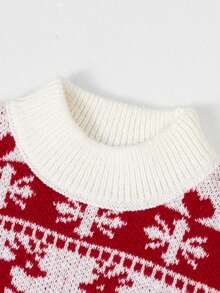 Teen Boys Christmas Reindeer & Snowflake Pattern Sweater, Autumn/Winter Red & White Jacquard Knit Crew Neck Pullover - Red - View 6