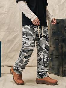 Norleigh 1pc Men's Casual Sports Cargo Pants, Loose Straight Fit With Wrinkled Texture, Suitable For Home And Outdoor Activities - Light Grey - View 1