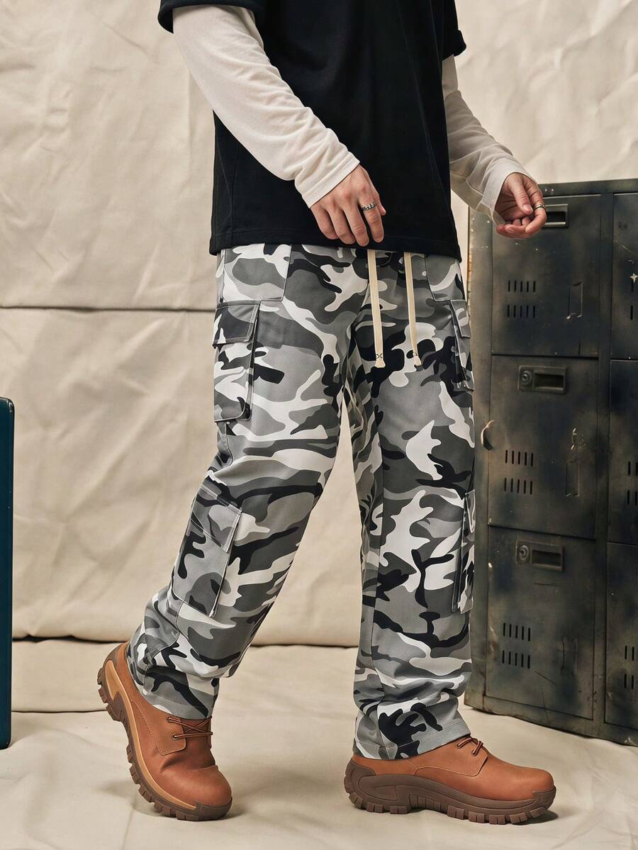 Norleigh 1pc Men's Casual Sports Cargo Pants, Loose Straight Fit With Wrinkled Texture, Suitable For Home And Outdoor Activities - Light Grey - View 1