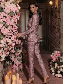 Setelan Blazer Lengan Panjang dan Celana Panjang Wanita Bermotif Kasual, 2 Potong, Bahan Tidak Melar - Mauve Purple - View 6