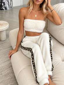 1pc Plush Loose Leopard Print Elastic Waist Long Pants Pajama Bottoms - White - View 5