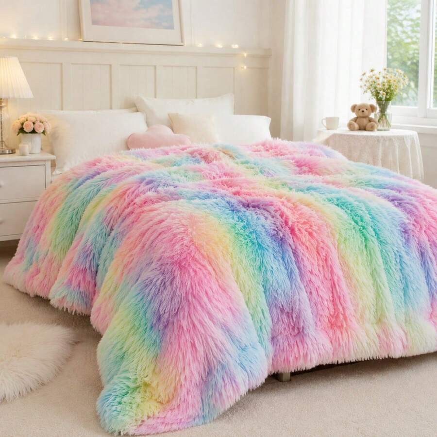 Multicolor Long Pile Blanket For Bed And Sofa, Soft And Fluffy 160x220 Cm Throw, Reversible Bedspread With Warm And Cozy Design For Your Home - Multicolor - View 1
