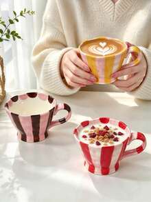 1pc Hand Painted Striped Ceramic Mug, Wavy Rim Large Capacity Coffee Cup, Cute Colorful Breakfast Mug For Milk Oatmeal, Home Kitchen Drinkware - Multicolor - View 3