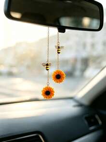 1pc Resin Sunflower Pendant With Bee Decor, Car Rearview Mirror Hanging Ornament, Car Interior Decoration Accessory, Car Decor - A - View 1