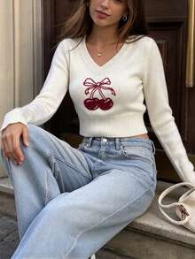 Women's V-Neck Contrast Color Cherry Print Knit Top, Cute Comfortable Slim Fit Short Sweater, Suitable For Autumn/Winter - White - View 4