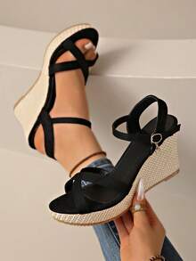 2026 New Women's Cross Strap Wedge Sandals, Open Toe Adjustable Buckle Straw Platform High Heel Summer Beach Walking Shoes - Black - View 2