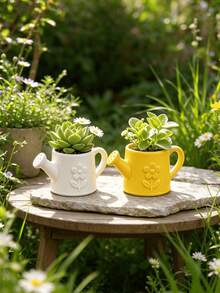 Creative Watering Can Shaped Mini Flower Pot, Embossed Floral Cute Colorful Mini Planter For Succulents, Daisy, Green Plants, Desktop Decor, Gardening Ornament - Flower Watering Pot - View 8