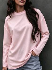 Women's Solid Color Round Neck Long Sleeve T-Shirt, Casual Autumn Regular Fit Top - Pink - View 3