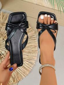 French Style Bow Square Toe Flat Slide Sandals, Minimalist Thin Strap Open Toe, Outdoor Beach Slippers - Black - View 4