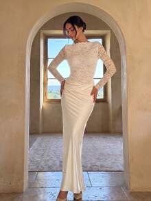 Lace & Satin Patchwork Pleated Long Evening Gown For Party - White - View 3