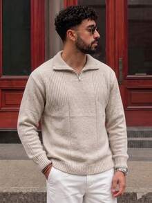Lookun Men's Loose Straight Fit Mock Neck Knit Sweater, Casual Commute Daily Wear, Autumn/Winter - Apricot - View 4
