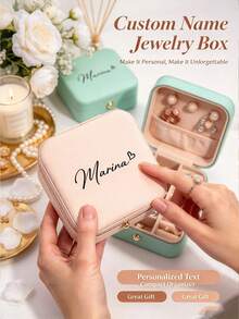 1pc Customized Minimalist Line Design Name Jewelry Box, Comfortable Artificial Leather Surface, Soft Lining To Protect Jewelry, Multi-Compartment Storage For Rings, Necklaces, Earrings, Women's Travel Commute Bedroom Jewelry Organizer - Multicolor - View 3