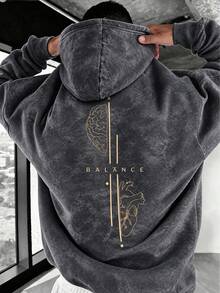 Men's Loose Drop Shoulder Distressed Washed Hoodie Sweatshirt, Autumn/Winter Brain & Heart Line Print Vintage Kangaroo Pocket Pullover - Dark Grey - View 1