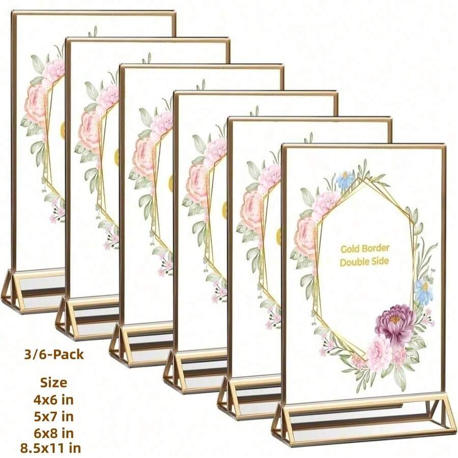 Acrylic Sign Holder With Gold Frame, Vertical View, 3/6pcs | 5x7in/4x6in/6x8in/8.5x11in, Double-Sided Transparent Frame, Perfect For Wedding Reception, Centerpiece, Decor, Party, Anniversary, Event
