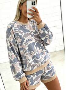 Acelitt Spring/Autumn Casual Camouflage Print Loose Crew Neck Sweatshirt And Shorts Set, Suitable For Daily Home Wear And Street Style - Multicolor - View 1