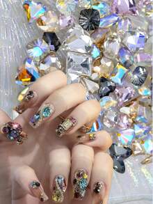 100pcs Multi-Shape 3D Glass Nail Rhinestone Set, Shiny AB Color & Champagne Crystal Decor, Heart & Butterfly Gemstones, Suitable For Acrylic Nail Art DIY - Multicolor - View 2