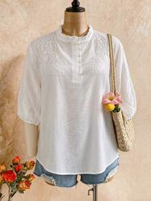 Women's Casual Shirt, Embroidered Loose Bohemian Retro Mid-Sleeve Blouse, Solid Color, Summer/Autumn White Spring - White - View 7
