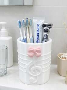 2pcs/1pc Cute Pink Bow Multipurpose Storage Cup, Treble Clef Embossed Makeup Brush Holder, White Desktop Vanity Organizer, Can Be Used As Toothbrush Holder & Pen Holder For Bathroom Desk - Multicolor - View 5