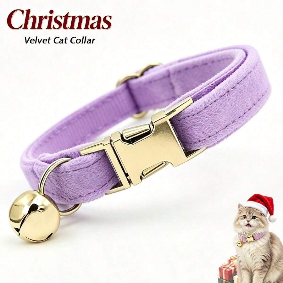 1pc Velvet Pet Cat Collar With Bell, Metal Quick-Release Buckle, Adjustable, Skin-Friendly Soft Durable Non-Choking, Suitable For Kittens And Adult Cats For Daily Walks All Seasons, Christmas Mother's Day Independence Day Pet Gift Choice - Lilac Purple - View 1