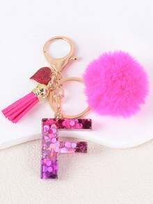 1pc Letter Keychain With Heart Pendant, Cute Rose Red Pom Pom Tassel Key Chain Decoration - Multicolor - View 20