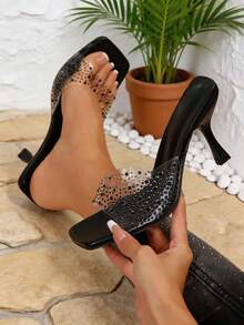 Transparent PVC Rhinestone Square Toe Thin High Heel Mule Slippers, High Heel Slip-On Sandals, Sexy Open Toe Women's High Heel Slippers, Suitable For Summer Wear - Black - View 1