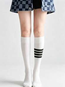 1 Pair College Style Three-Stripe Striped Knee-High Socks, High Elasticity Breathable Slimming Knee Socks, Versatile Women's Socks For Campus Commute And Loafers, Multiple Colors - Multicolor - View 10