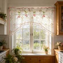 1pc French Romantic Floral Embroidered Arch Window Curtain, Pink Tulip Decorative Beaded Short Curtain, Rod Pocket Short Sheer Curtain, Pastoral Translucent Kitchen Bay Window Decorative Small Curtain - Baby Pink - View 4