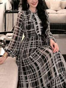 Women's Elegant Long Sleeve Modern Fashion Plaid Print Patchwork Design High-End Elegant Luxury Flare Dress - Multicolor - View 5
