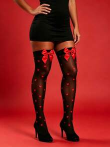 Sweet Cool Date Style Over The Knee Stockings, Black Base With Red Hearts And Red Bows, Non-Slip Edge, Leg Slimming, Street Wear For Denim Shorts - Black - View 4