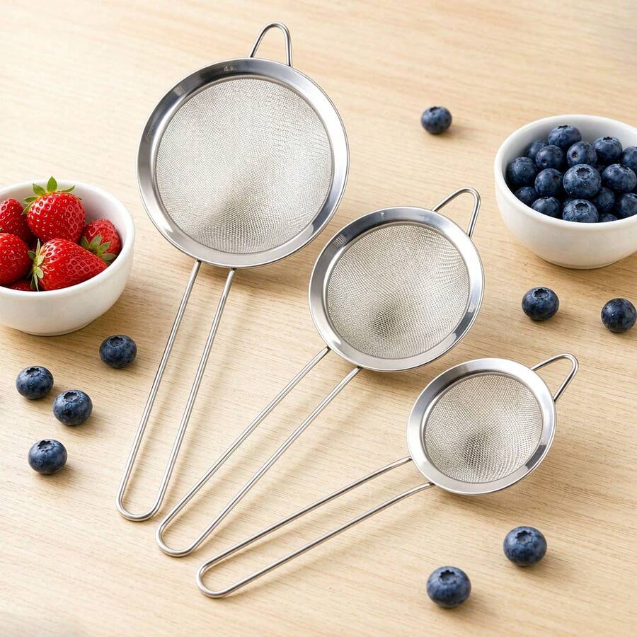 1/3pcs Stainless Steel Fine Mesh Strainer With Handle, Flour Sifter, Egg Strainer, Kitchen Oil Filter Spoon, Cake Powder Sifter, Flour Sifter, Kitchen Sifting Tool, Small Strainer, Fine Mesh Kitchen Strainer Set, Baking Tool Set, Essential Kitchen Tools And Accessories, Mini Strainer For Cocktails, Tea, Coffee, Juice, Flour, Durable Food Filter For Home And Professional Kitchen