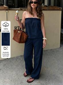 PoPoHouse Women's 100% Cotton Elegant 2 Pieces Set: Ruffle Strap Camisole + Wide Leg Pants, Casual Vacation Outfit Summer - Navy - View 1