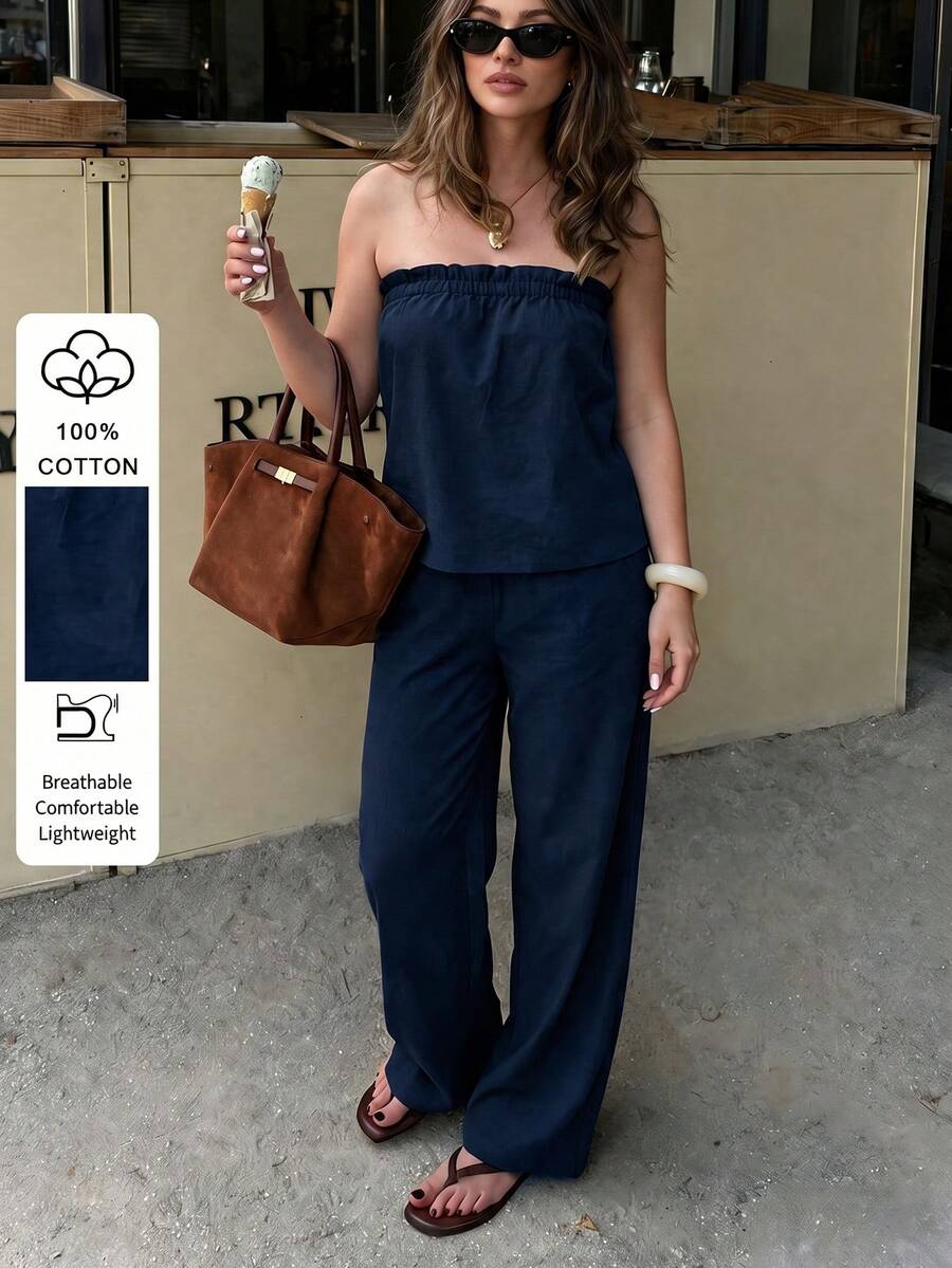 PoPoHouse Women's 100% Cotton Elegant 2 Pieces Set: Ruffle Strap Camisole + Wide Leg Pants, Casual Vacation Outfit Summer - Navy - View 1