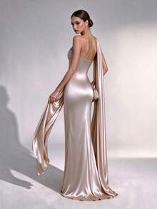 Elegant Women's Champagne Strapless Neckline Ribbon Mermaid Long Party Dress, Draped Design, Suitable For Formal Events, Prom, Party, Holiday Or Special Occasions - Champagne - View 2