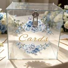 Fresh Ice Blue Rose Print Lockable Transparent Acrylic Wedding Guest Greeting Card Storage Box - 1PC - View 6