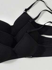 3pcs/Set Teen GirlBlack Wireless Simple Fashion Comfortable Soft Ribbed Bras, 13-16Y - Black - View 3
