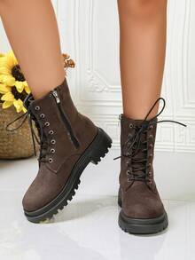 Women's Lace-Up Ankle Boots With Thick Sole And Chunky Heel For Autumn/Winter Daily Commute - Coffee Brown - View 2