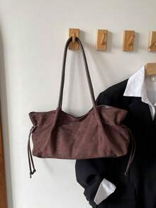 1pc Coffee Brown Large Capacity Solid Color Faux Suede Tote Bag Women's Shoulder Bag - Coffee Brown - View 3