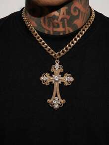 1pc Men's Necklace, Gold Metal, Cross Pendant With Micro-Inlaid CZ, Vintage Personalized Versatile Necklace, Autumn Streetwear - Multicolor - View 2