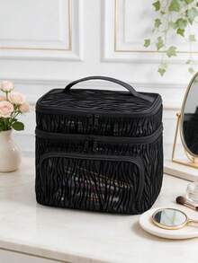 1pc Black Mesh Double Layer Makeup Bag, Large Capacity Multi-Compartment Design, Breathable Toiletry Bag, Portable Storage Bag, Suitable For Daily Use And Travel - Black - View 1