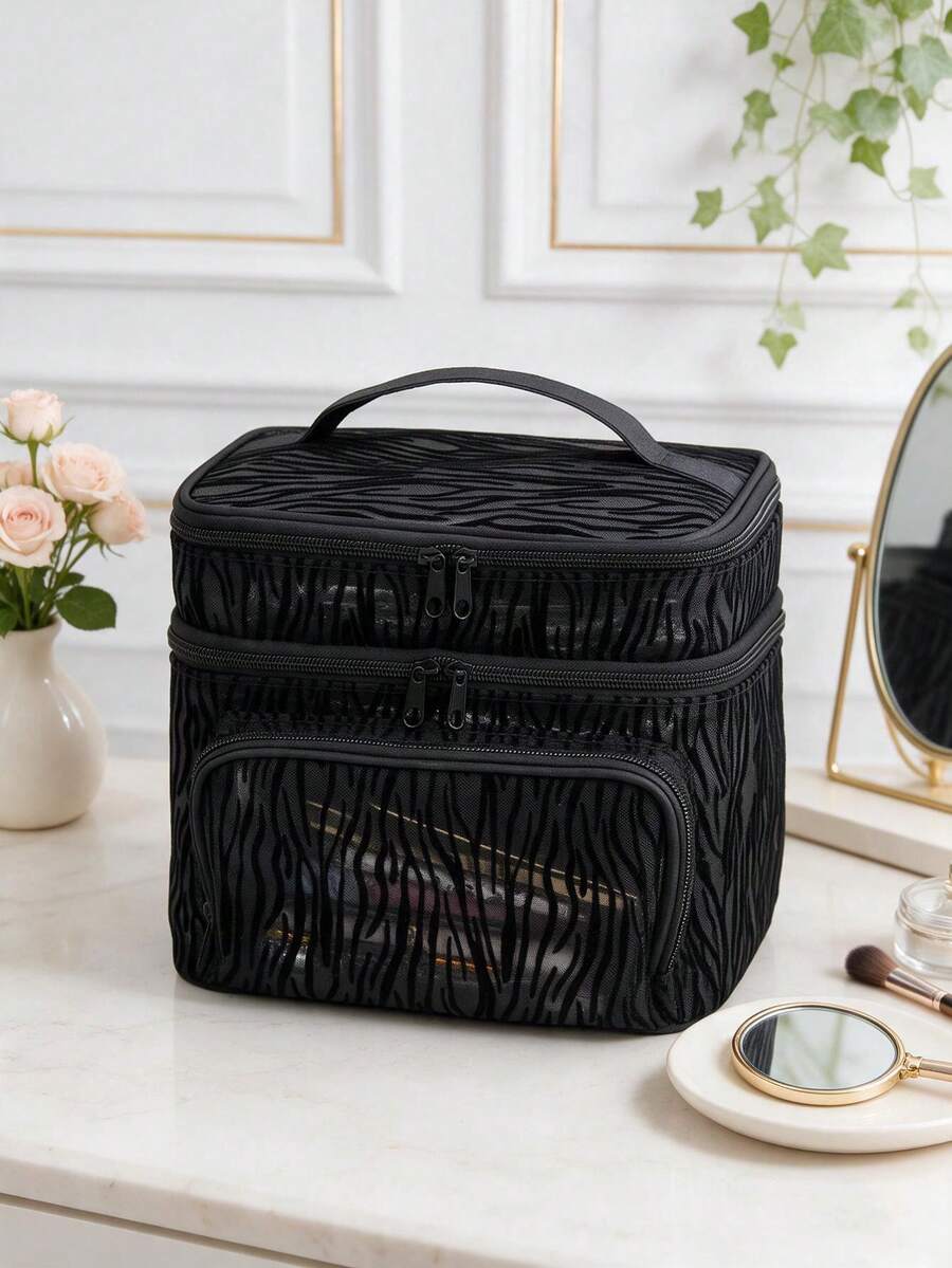 1pc Black Mesh Double Layer Makeup Bag, Large Capacity Multi-Compartment Design, Breathable Toiletry Bag, Portable Storage Bag, Suitable For Daily Use And Travel - Black - View 1