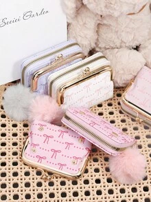 Fashionable Women's Pink Bow‑Print Kiss‑Lock Coin Purse, Fluffy Pom‑Pom Charm, Zipper Compartment, Suitable For Commuting And Shopping - Hot Pink - View 5