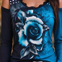Women's Autumn Fashion Elegant Blue & Black Contrast Rose Print Cold Shoulder Long Sleeve T-Shirt, Lace V-Neck Polka Dot Decor Slim Fit Top - Blue - View 7