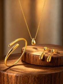 VceTd 1 Set Fashion Style Stainless Steel Women's Jewelry Set With Water Drop Design, Suitable For Shopping - Yellow Gold - View 1