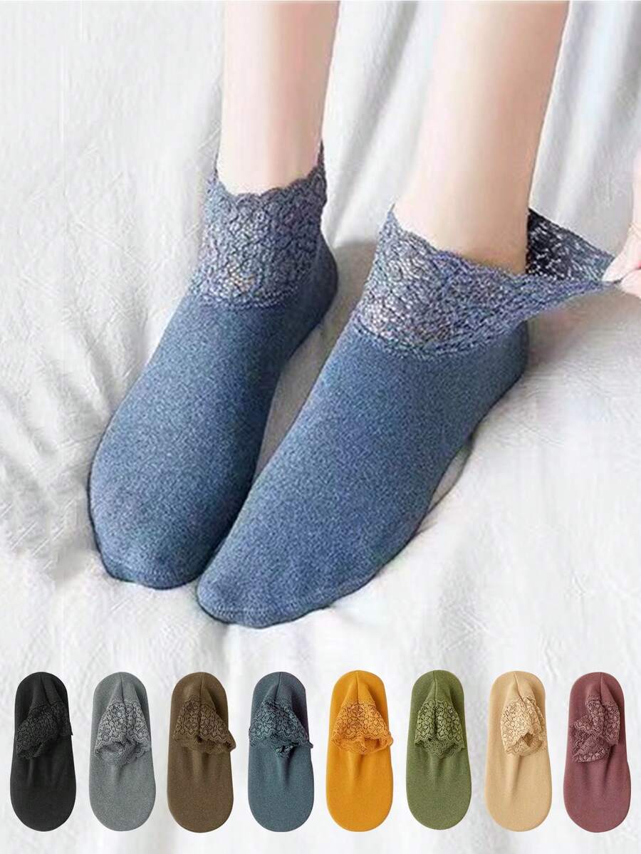 chuanwa（2） 5 Pairs Of Women's Winter Soft And Thick Warm Ankle Socks With Elegant Lace Ruffle Design And Anti Slip Silicone Sole Suitable For Daily Wear